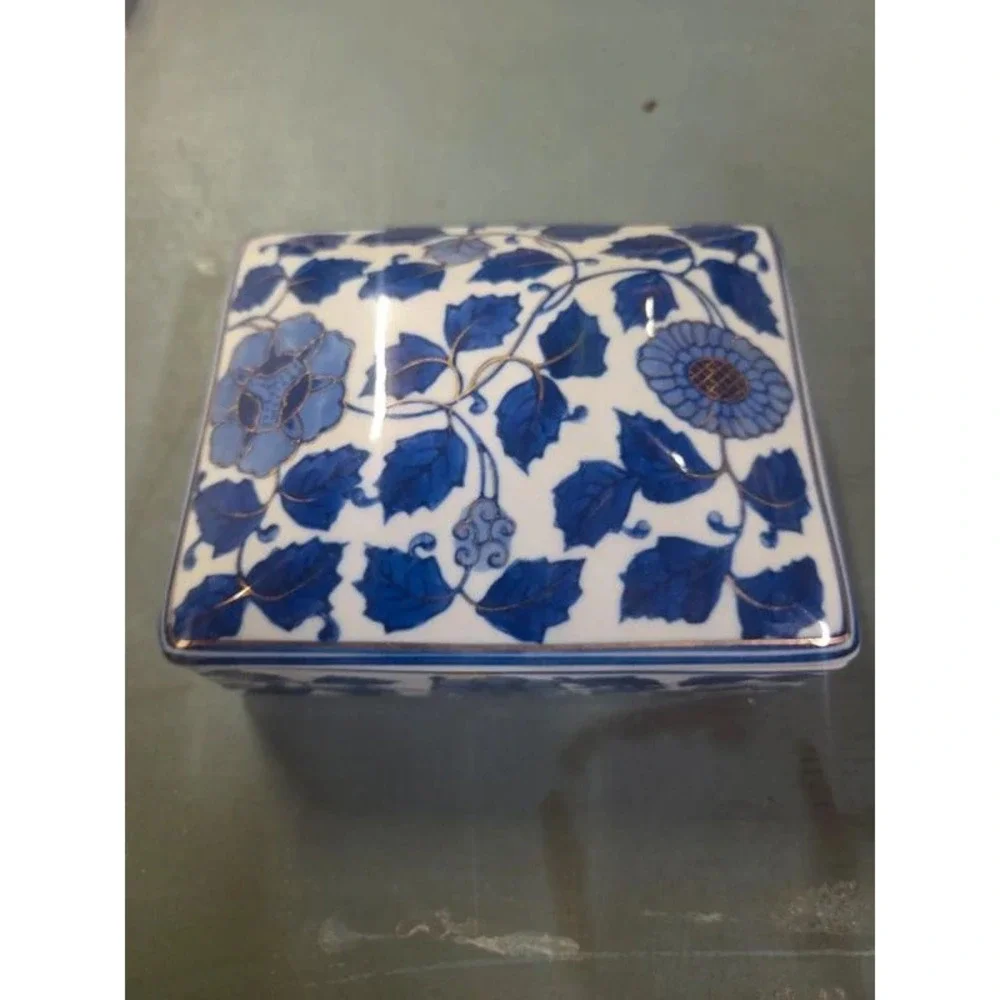 Vintage Chinoiserie Trinket Box Asian Floral Gold Blue White Porcelain